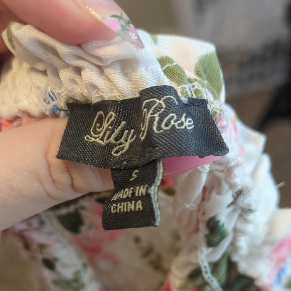 Lily Rose cream colorful floral bustier midi dress faux shoulder tie straps - Picture 5 of 10